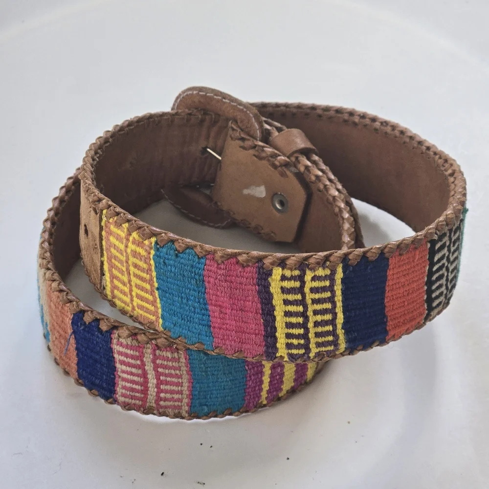 Vintage Guatemalan Handmade Leather & Woven Textile Belt Tan Multicolor Size 30